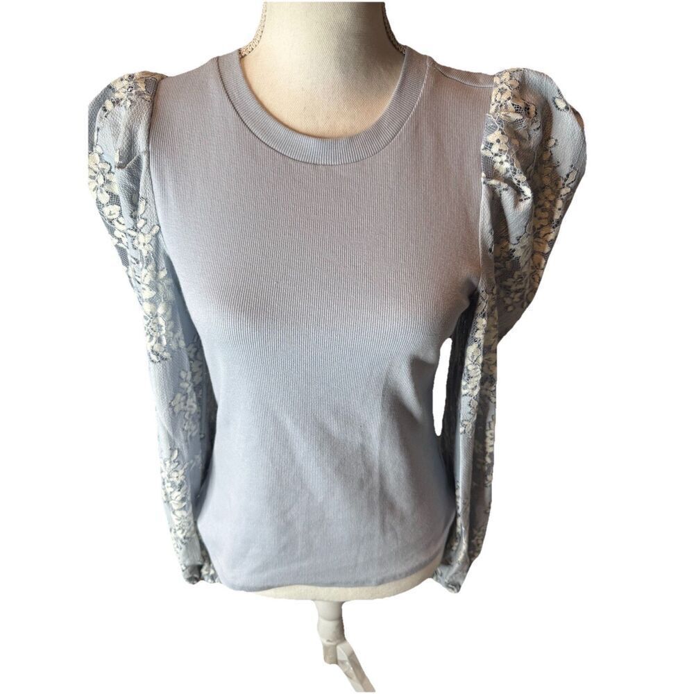 Dolan Anthropologie Puff Long Sleeve Floral Flower Lace Crew Neck Sweater S